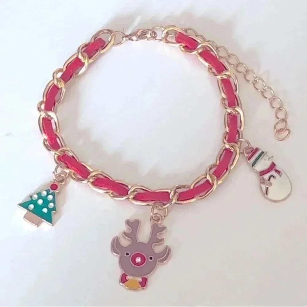Christmas 3 Charm Snowman, Reindeer & Tree Red & Gold Bracelet Nwt
